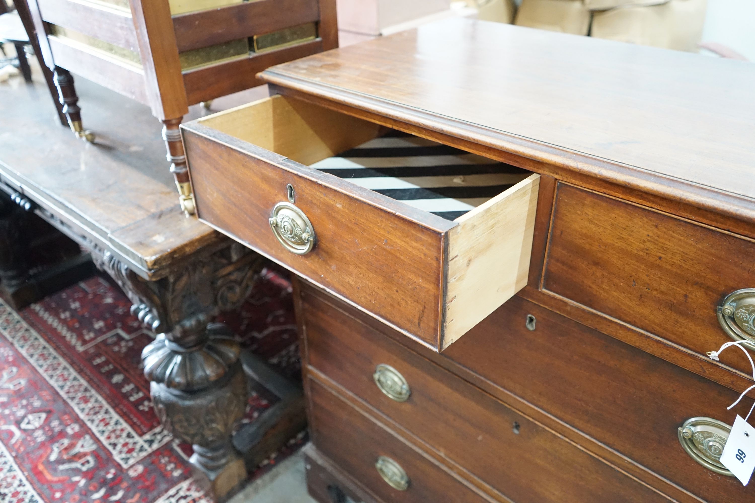 A George III mahogany straight front chest, fitted three long drawers and two short drawers, width 102cm, depth 49cm, height 102cm